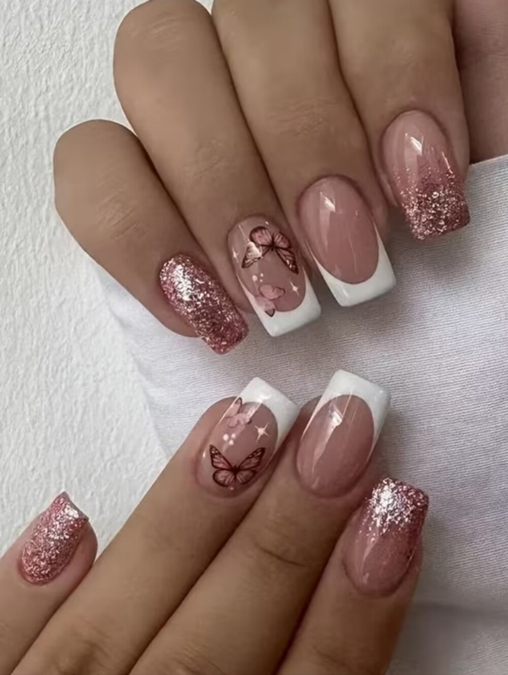 Butterfly French Tip Press On Nails with Glitter